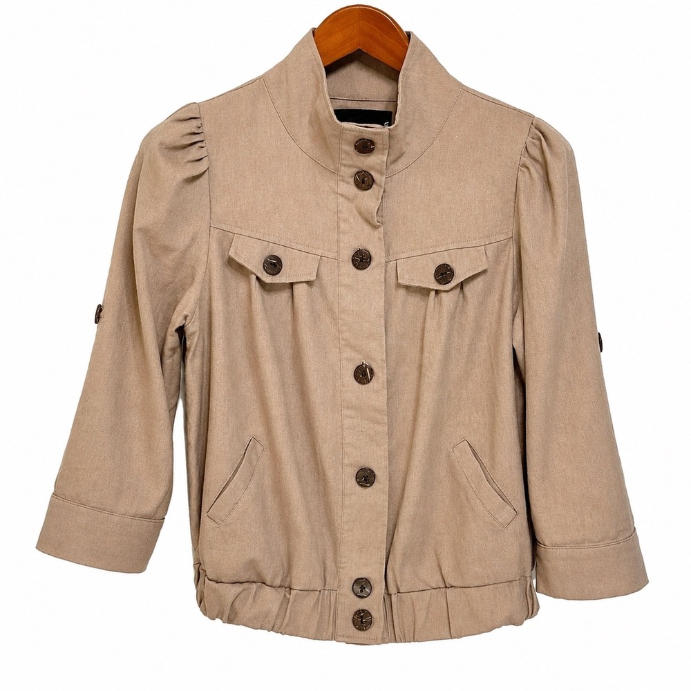 Mine Tan Linen Blend Puff Sleeve Utility Bomber Jacket Mock Neck Khaki Medium